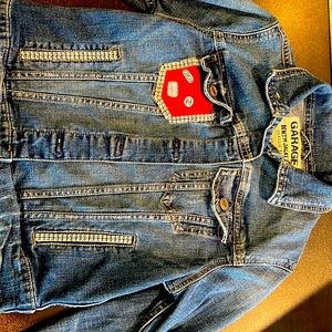 Upcycled Jean jacket with rhinestones and material